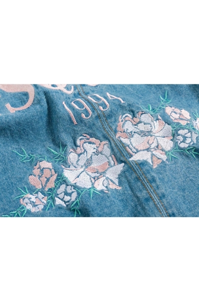 SQUAD Letter Floral Embroidered Back Lapel Collar Single Breasted Long Sleeve Denim Jacket
