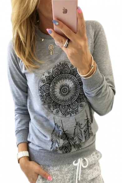 Trendy Floral Feather Printed Round Neck Long Sleeve Sweatshirt