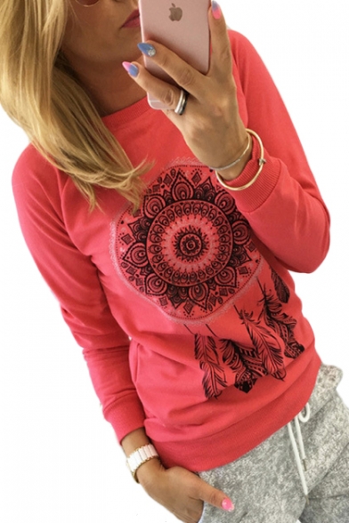 Trendy Floral Feather Printed Round Neck Long Sleeve Sweatshirt