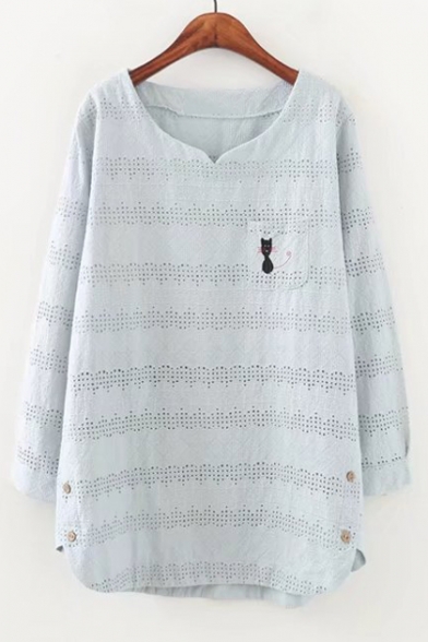 V Neck Hollow Out Cat Embroidered Long Sleeve Loose Buttons Embellished Tee