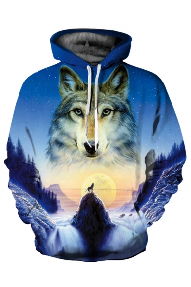 3D Wolf Waterfall Printed Long Sleeve Hoodie