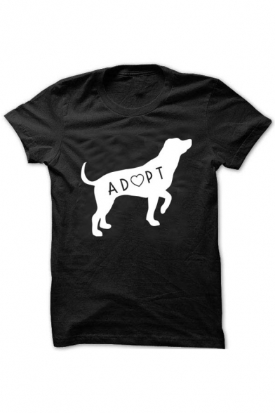ADOPT Letter Dog Printed Round Neck Short Sleeve Tee