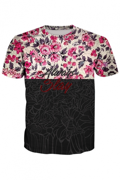 ALWAYS Letter Color Block Floral Printed Round Neck Short Sleeve Tee
