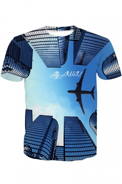 

Building Plane Printed Round Neck Short Sleeve Tee