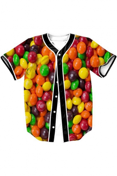 Candy Printed Button Down Short Sleeve V Neck Baseball Tee