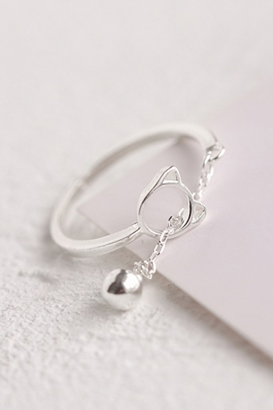Cat Pattern Pendant Embellished Silver Resizable Ring