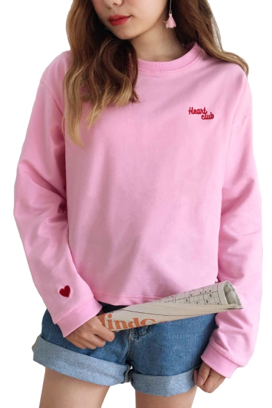 Chic Letter Heart Embroidered Round Neck Long Sleeve Sweatshirt