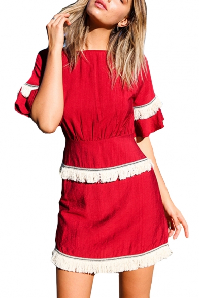Chic Tassel Embellished Round Neck Short Sleeve Mini A-Line Dress