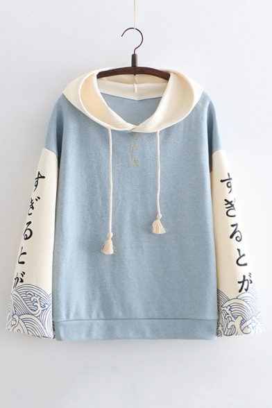 Color Block Japanese Embroidered Long Sleeve Loose Hoodie