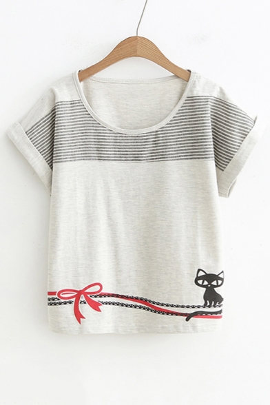 Color Block Striped Cat Printed Round Neck Short Sleeve Loose Tee
