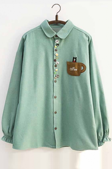 Colorful Buttons Coffee Cup Letter Bear Embroidered Lapel Collar Long Sleeve Button Down Shirt