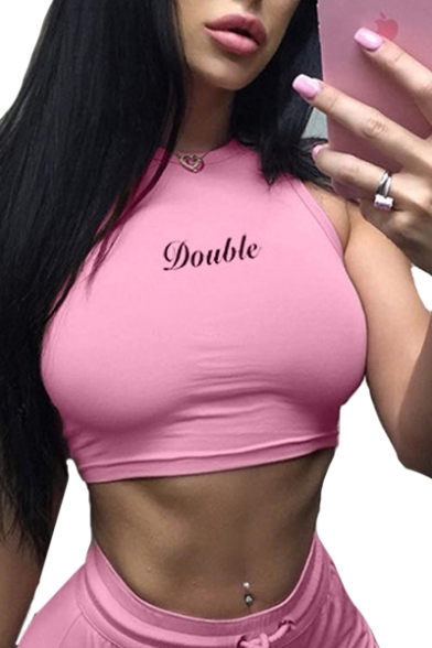 DOUBLE Letter Printed Round Neck Sleeveless Crop Tank