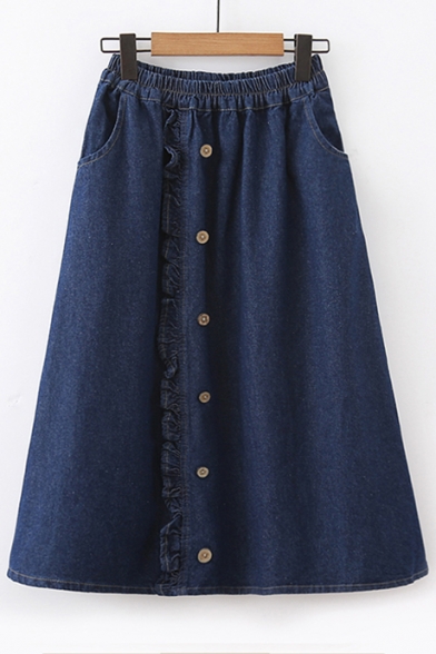 Elastic Waist Button Front Plain Midi A-Line Denim Skirt