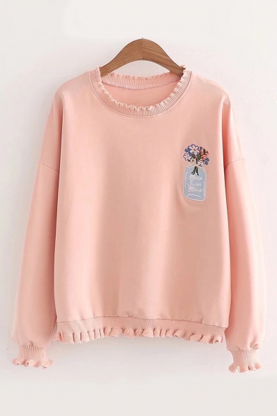 Floral Letter Embroidered Ruffle Trim Round Neck Long Sleeve Sweatshirt