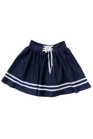 Preppy Style Striped Print Lace-Up Waist A-Line Mini Skirt