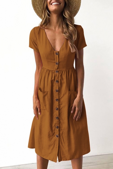 

Short Sleeve V Neck Button Down Plain Midi A-Line Dress with Pockets