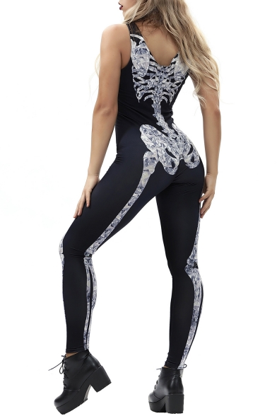 Trendy Skeleton Printed V Neck Sleeveless Skinny Jumpsuit