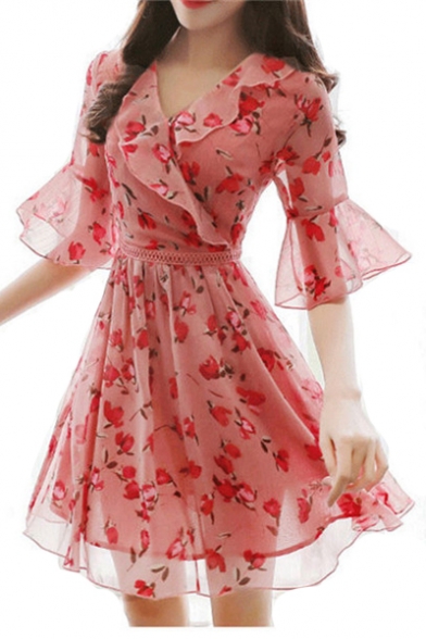 V Neck Floral Printed Ruffle Detail Half Sleeve Mini A-Line Chiffon Dress