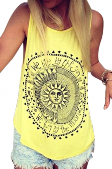 WE LIVE BY THE SUN Letter Printed Round Neck Sleeveless Leisure Tank