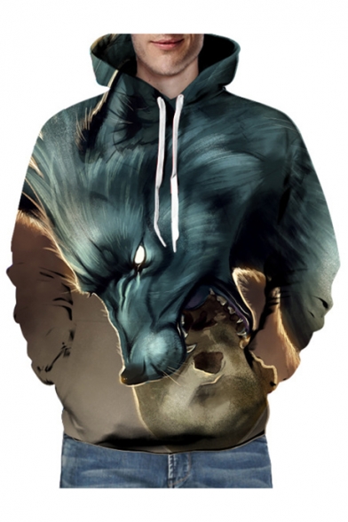 3D Fashion Wolf Skull Printed Long Sleeve Loose Unisex Hoodie