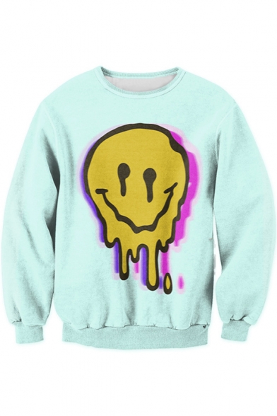 color block smile face printed round neck long sleeve hoodie