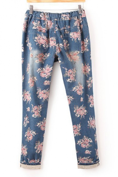 All Over Floral Printed Drawstring Waist Straight Jeans