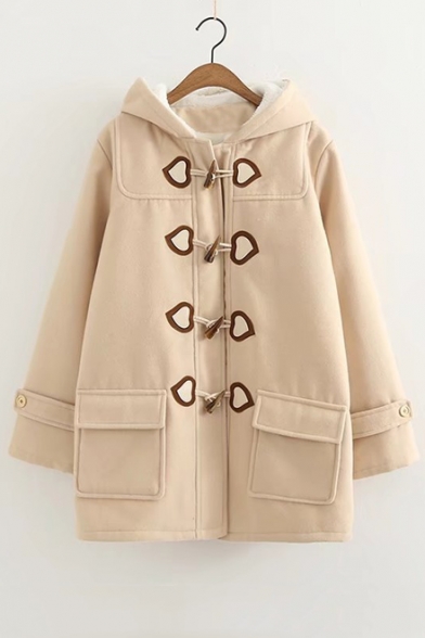 Button Down Long Sleeve Plain Winter Hooded Coat