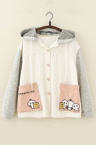 Cartoon Chinese Embroidered Color Block Long Sleeve Button Down Hooded Coat