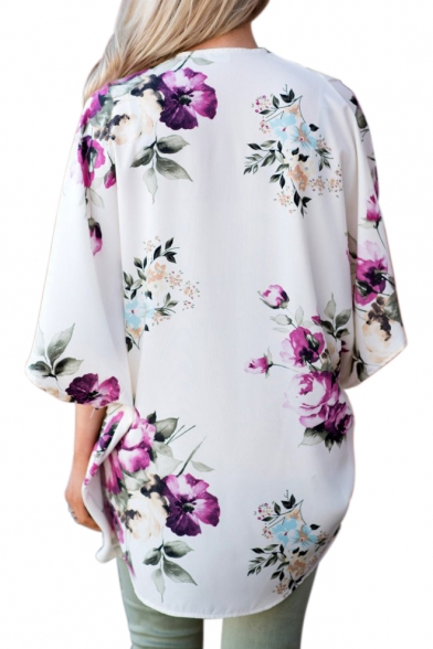 Collarless Floral Printed Half Sleeve Tunic Kimono