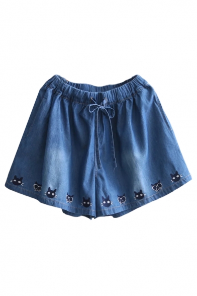Cute Cat Embroidered Drawstring Waist Loose Denim Culottes