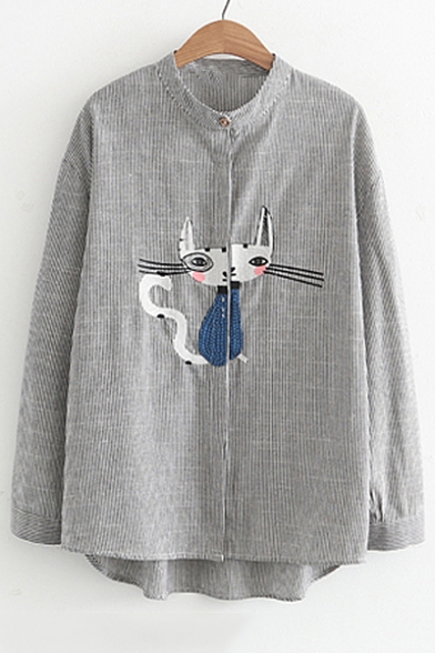Cute Cat Embroidered Striped Printed Stand Up Collar Long Sleeve Button Down Shirt