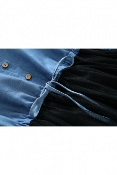 Denim Mesh Patchwork Bear Embroidered Lapel Collar Long Sleeve Midi A-Line Dress
