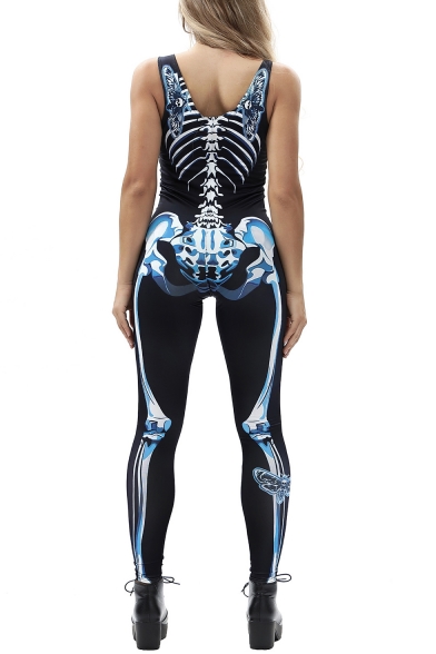 Digital Skeleton Printed V Neck Sleeveless Jumpsuit