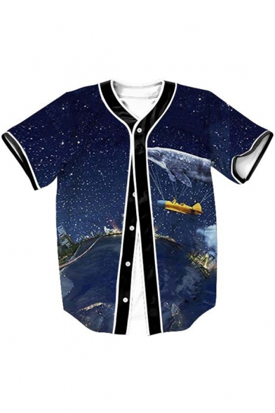 Fancy Flying Whale Printed V Neck Short Sleeve Button Down Baseball Tee