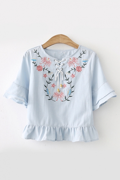 Floral Embroidered Lace Up Front Round Neck Short Sleeve Ruffle Detail Crop Blouse
