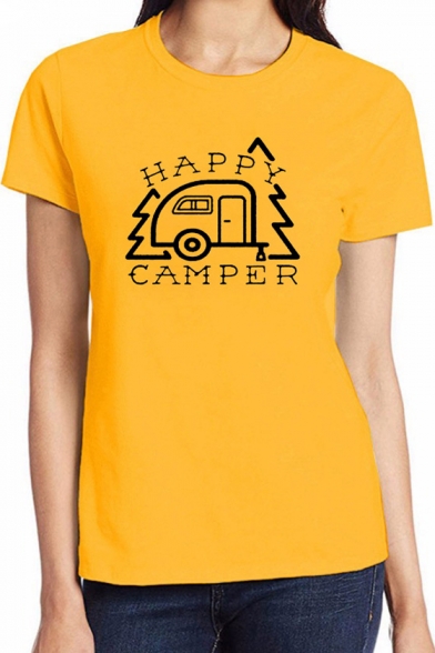 HAPPY CAMPER Letter Car Printed Round Neck Short Sleeve Tee