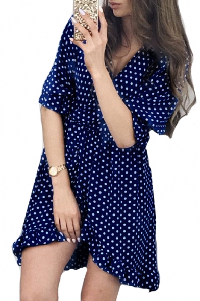 Polka Dot Printed V Neck Half Sleeve Ruffle Detail Mini Asymmetric Dress