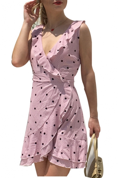 Polka Dot Printed V Neck Sleeveless Ruffle Detail Mini Asymmetric Dress