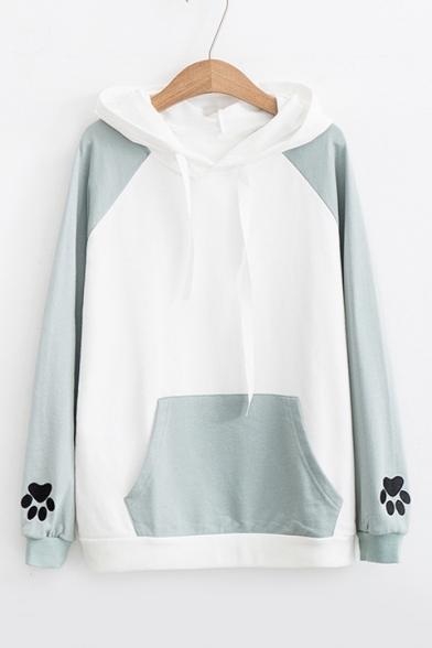Rabbit Pattern Paw Embroidered Color Block Long Sleeve Hoodie