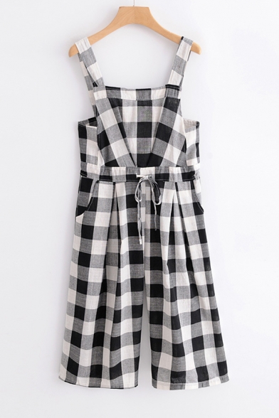 Retro Checked Pattern Drawstring Waist Overall Jumpsuit