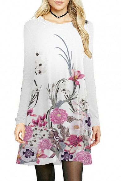 Round Neck Floral Printed Long Sleeve Midi A-Line Dress