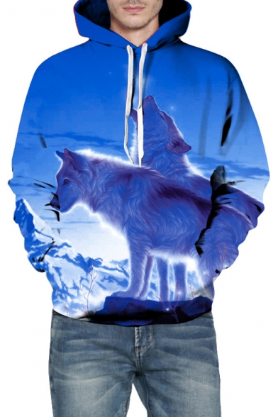 Snow Mountain Wolf Printed Long Sleeve Unisex Hoodie