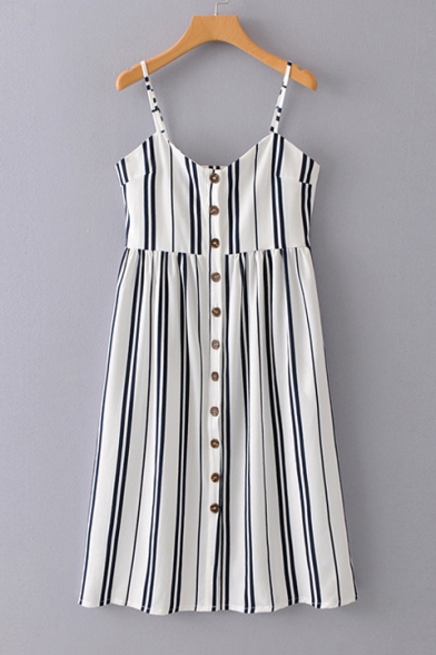 Spaghetti Straps Sleeveless Button Down Striped Printed Midi Cami Dress