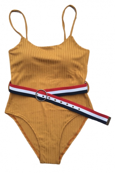 Striped Belt Spaghetti Straps Sleeveless One Piece Swimwear