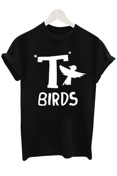T BIRDS Letter Animal Printed Round Neck Short Sleeve Tee