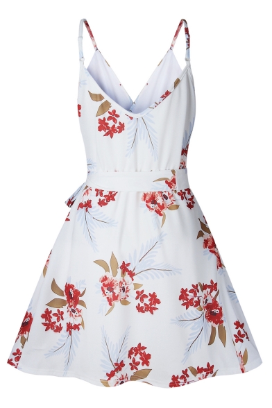Tied Waist Floral Printed Spaghetti Straps Sleeveless Mini A-Line Dress