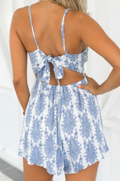Women's Straps Backless Beach Sleeveless Floral Printed Romper
