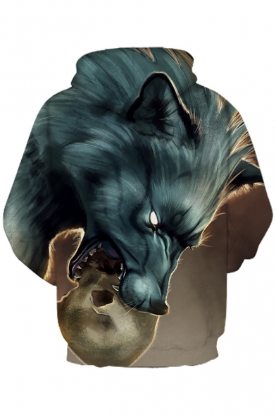 3D Fashion Wolf Skull Printed Long Sleeve Loose Unisex Hoodie