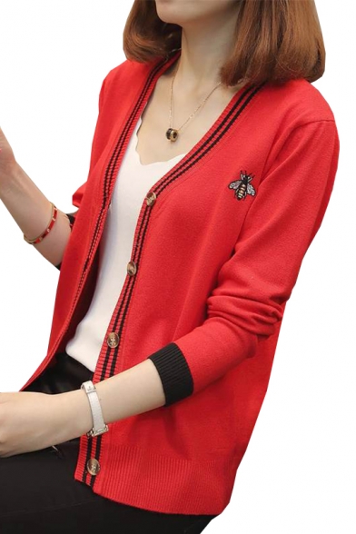 Bee Embroidered Contrast Striped V Neck Long Sleeve Cardigan