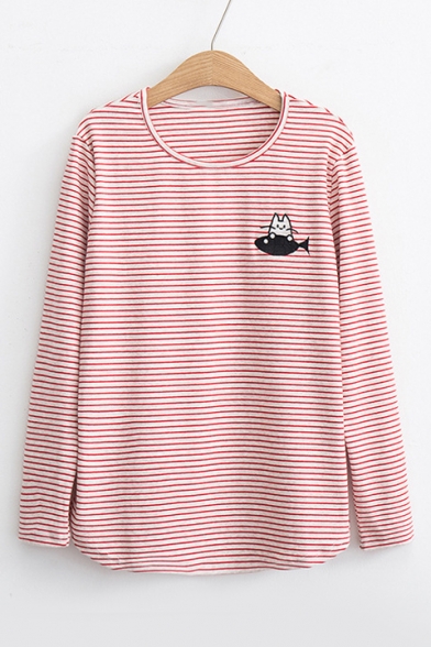 Cat Fish Embroidered Round Neck Long Sleeve Striped Tee